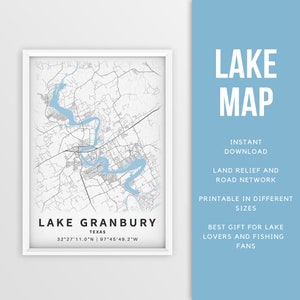 Mapa imprimible del lago Granbury, Texas, EE. UU. - Descarga instantánea \ Mapa del lago \ Cartel del mapa \ Decoración de la casa del lago \ LakeLife \ Pesca \ Paseos en bote