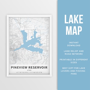Mapa imprimible del embalse de Pineview, Utah - Descarga instantánea \ Mapa del lago \ Arte de la pared \ Cartel de pesca \ Decoración de la casa del lago \ LakeLife \ Paseos en bote