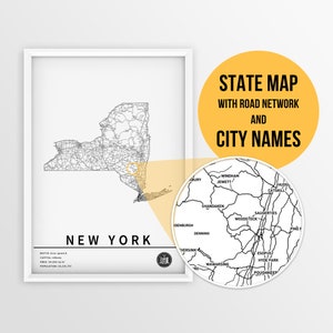 Carte imprimable de New York, États-Unis avec les noms des villes et des routes - téléchargement immédiat \ State Map \ Map Art \ Push Pin Map \ Travel Planner