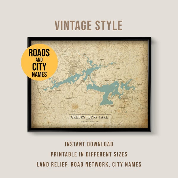 Mapa de estilo vintage del lago Greers Ferry, póster imprimible de una casa junto al lago en Arkansas (descarga instantánea)