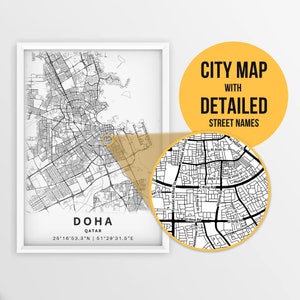 Afdrukbare kaart van Doha, Qatar met straatnamen - Instant Download \ Stadsplattegrond \ Reiscadeau \ Stadsposter \ Routekaart afdrukken \ Muurkunst