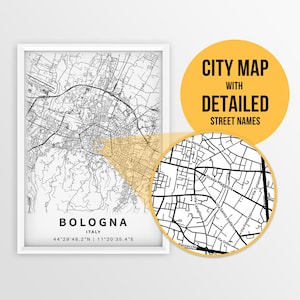 Printable Map of Bologna, Italy with Street Names - Instant Download \ City Map \ Travel Gift \ City Poster \ Road Map Print \ Wall Art