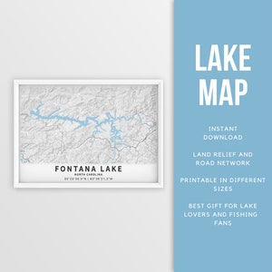 Mapa imprimible del lago Fontana, Carolina del Norte, EE. UU. - Descarga instantánea \ Mapa del lago \ Cartel del mapa \ Decoración de la casa del lago \ LakeLife \ Pesca \ Navegación