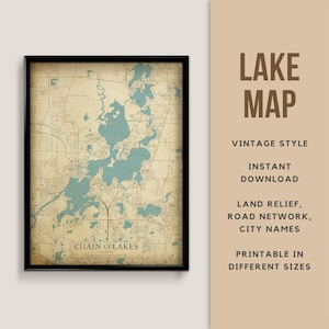 Vintage Stil Karte von Chain O'Lakes, Illinois, USA mit Städtenamen - zum sofortigen Download ~ Karte von Lake Lake ~ Wand Kunst ~ Printable Poster ~ Fox River