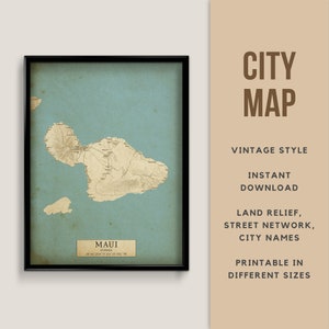 Afdrukbare vintage stijl kaart van Maui, Hawaii, USA - Instant Download \ Stratenplan \ Kaart Poster \ Antiek \ Kaart Print \ Hawaii Cadeau