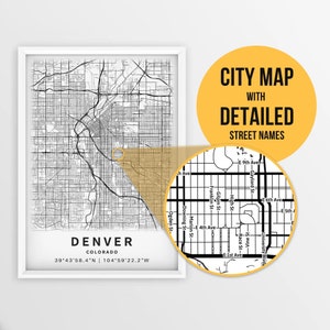 Carte imprimable de Denver, Colorado, États-Unis avec les noms de rue - téléchargement immédiat \ plan de la ville \ cadeau de voyage \ affiche de la ville \ impression de carte routière