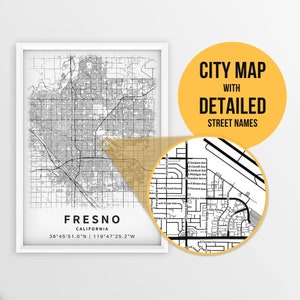 Mapa para impressão de Fresno, Califórnia, EUA com nomes de ruas - download instantâneo \ Mapa da cidade \ Presente de viagem \ Cartaz da cidade \ Impressão de mapa de estradas