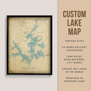 Mapa de estilo vintage personalizado de su lago con nombre de la ciudad - Descarga digital \ Mapa del lago \ Arte de la pared \ Póster del mapa \ Mapa imprimible \ Casa del lago