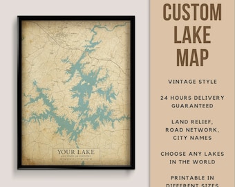 Custom Vintage style Map of Your Lake with City name - Digital Download \ Lake Map \ Wall Art \ Map Poster \ Printable Map \ Lake House