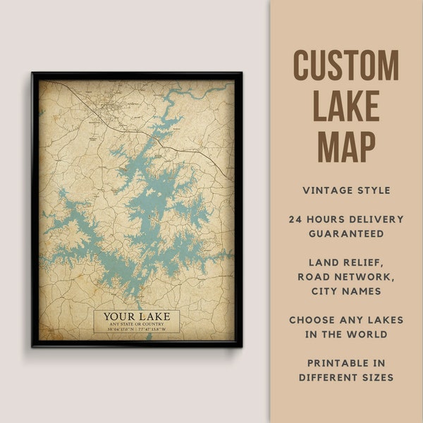 Mapa de estilo vintage personalizado de su lago con nombre de la ciudad - Descarga digital \ Mapa del lago \ Arte de la pared \ Póster del mapa \ Mapa imprimible \ Casa del lago