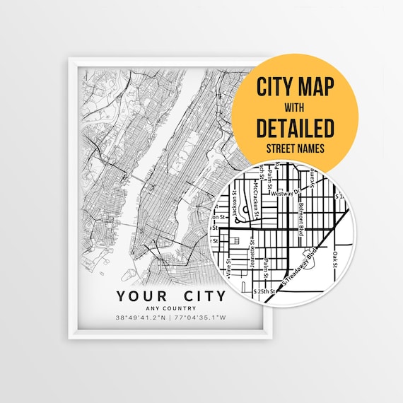 Custom City Map with Street Name, Personalized Any Town Printable Map (Digital Download)