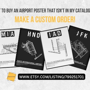 May include: Four black and white airport terminal posters featuring the airport codes MIA, HND, IAD, and JFK. The posters are framed and have a white background with black text and lines. The text on the posters reads "Miami International", "Tokyo International Airport", "Dulles International Airport", and "National Airport". The posters are arranged in a row, with the MIA poster on the left and the JFK poster on the right. The text "WWW.ETSY.COM/LISTING/799251701" is displayed below the posters.