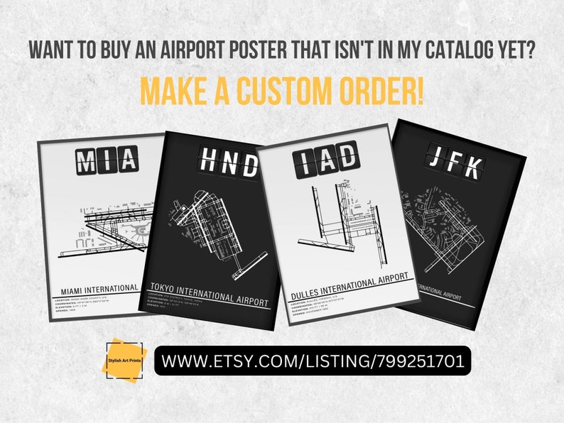 May include: Four black and white airport terminal posters featuring the airport codes MIA, HND, IAD, and JFK. The posters are framed and have a white background with black text and lines. The text on the posters reads "Miami International", "Tokyo International Airport", "Dulles International Airport", and "National Airport". The posters are arranged in a row, with the MIA poster on the left and the JFK poster on the right. The text "WWW.ETSY.COM/LISTING/799251701" is displayed below the posters.