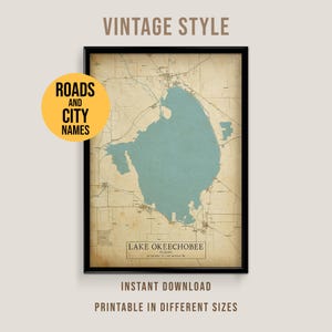 Mapa vintage del lago Okeechobee, póster imprimible de una casa en un lago de Florida (descarga instantánea)