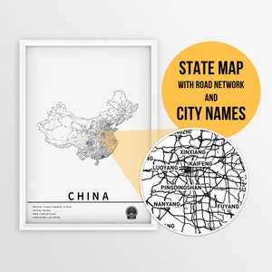 Carte imprimable de la Chine avec les noms des villes et des routes - téléchargement immédiat \ carte du pays \ art de la carte \ planificateur de voyage \ carte routière \ carte à épingles