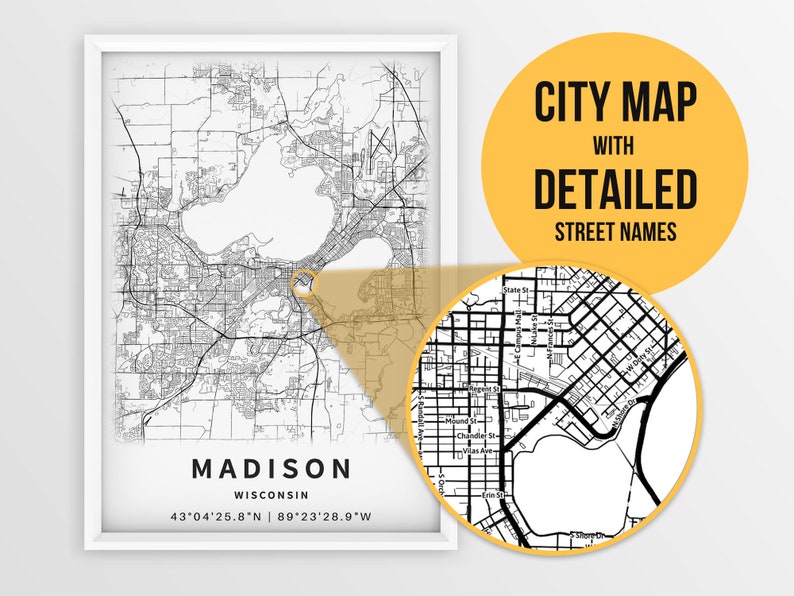 Printable Map of Madison Wisconsin WI USA With Street Names Etsy