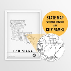 Louisiana USA - Landkarte mit Stadt und Straßen - zum sofortigen Download \ Bundesstaat Karte ~ Map Art ~ Pin Karte ~ Louisiana Geschenk
