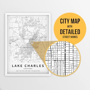 Printable Map of Lake Charles, Louisiana, USA with Street Names - Instant Download \ City Map \ Travel Gift \ City Poster \ Road Map Print
