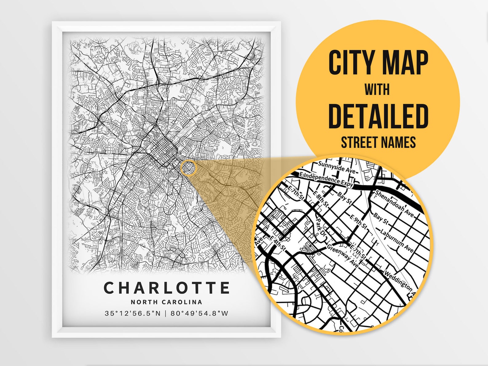 Printable Map of Charlotte NC North Carolina United States | Etsy