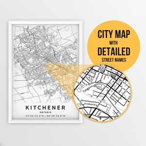 Carte imprimable de Kitchener, Ontario, Canada avec les noms de rue - téléchargement immédiat \ plan de la ville \ cadeau de voyage \ affiche de la ville \ impression de carte routière