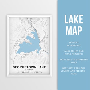 Mapa imprimible del lago Georgetown, Montana, EE. UU. - Descarga instantánea \ Mapa del lago \ Cartel del mapa \ Decoración de la casa del lago \ LakeLife \ Pesca \ Paseos en bote