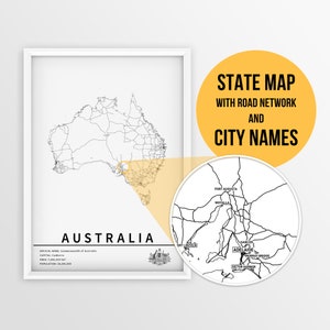 Carte imprimable de l’Australie avec routes et villes - Téléchargement instantané \ Carte du pays \ Planificateur de voyage \ Carte \ Push Pin Map \ Australie Cadeau