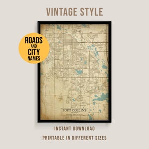 Fort Collins, Colorado Vintage Style Map, Printable Street Map Poster (Instant Download)