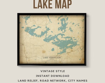 Mapa de estilo vintage imprimible de Lake Vermilion, Minnesota, EE. UU. con nombres de ciudades - Descarga instantánea \ Póster imprimible \ Rústico \ Arte de pared