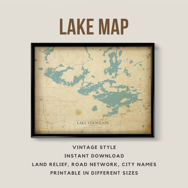 Printable Vintage Style Map of Lake Vermilion, Minnesota, USA with City names - Instant Download \ Printable Poster \ Rustic \ Wall Art