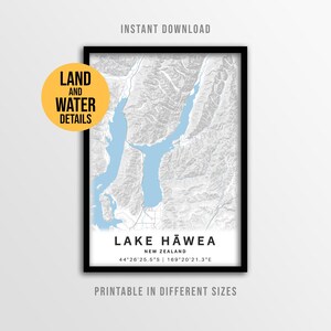 Kartaposter över Lake Hawea, Nya Zeelands södra Alper, utskrivbar dekoration för sjöhus (nedladdning direkt)