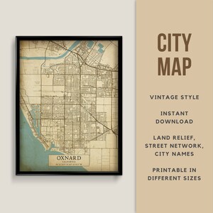 Mapa de estilo vintage imprimible de Oxnard, California, EE. UU. - Descarga instantánea \ Mapa de calles \ Arte de pared \ Cartel de mapa \ Estilo antiguo \ Impresión de mapa