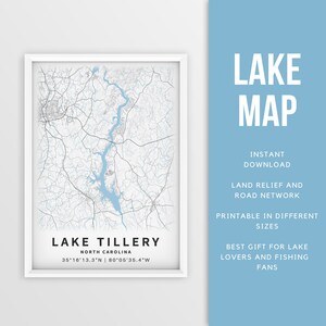 Mapa imprimible de Lake Tillery, Carolina del Norte, EE. UU. - Descarga instantánea \ Mapa del lago \ Cartel del mapa \ Decoración de la casa del lago \ Pesca \ Paseos en bote