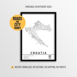 Plakat z mapą Chorwacji, mapa drogowa do druku z nazwami miast (do natychmiastowego pobrania)