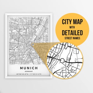 Druckbare Landkarte von München, Bayern, Deutschland mit Straßennamen - Instant Download ~ Karte ~ ~ Stadt Poster ~ Strassenkarte Print