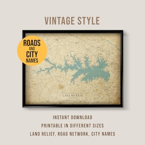 Lake Murray South Carolina Lake House Landkarte, Vintage Stil Karte, Südcarolina Lake House Poster (Instant Download)