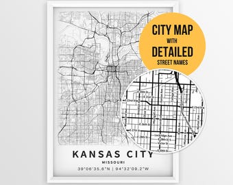 Mapa de Kansas City, Missouri, con nombres de calles, póster imprimible de Kansas City (descarga instantánea)