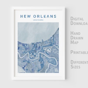 Carte aquarelle imprimable de la Nouvelle-Orléans, Louisiane, États-Unis - Téléchargement instantané \ Plan de la ville \ Art mural \ Dessiné à la main