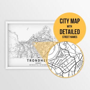 Mapa imprimible de Trondheim, Noruega con nombres de calles - Descarga instantánea \ Mapa de la ciudad \ Regalo de viaje \ Cartel de la ciudad \ Impresión de mapa de carreteras \ Mapa de calles