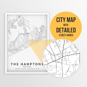 Druckbare Karte von The Hamptons, New York, USA mit Straßennamen - Sofortiger Download ~ Karte ~ ~ Karte ~ Southampton