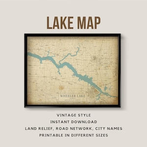Vintage Stil Karte von Wheeler Lake, Alabama, USA mit Städtenamen - zum sofortigen Download ~ Karte ~ See ~ Wand Kunst ~ Printable Poster ~ Karte Drucken