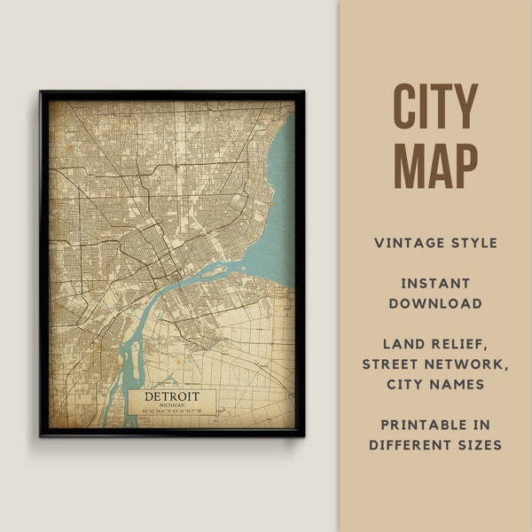Printable Vintage Style Map of Detroit, Michigan, USA - Instant Download \ Street Map \ Wall Art \ Map Poster \ Antique Style \ Map Print