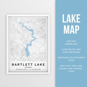 Mapa imprimible del lago Bartlett, río Verde, Arizona - Descarga instantánea \ Mapa del lago \ Cartel de pesca \ Decoración de la casa del lago \ LakeLife \ Paseos en bote