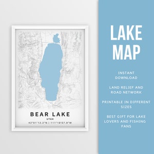 Mapa imprimible de Bear Lake, Utah e Idaho - Descarga instantánea \ Mapa del lago \ Arte de la pared \ Cartel de pesca \ Decoración de la casa del lago \ LakeLife \ Paseos en bote