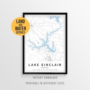 Poster con mappa del lago Sinclair, decorazione stampabile per la casa sul lago della Georgia (download immediato)