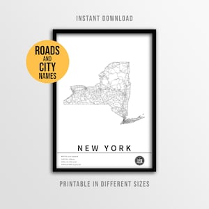 Plakat z mapą stanu Nowy Jork, mapa drogowa USA do druku z nazwami miast (do natychmiastowego pobrania)