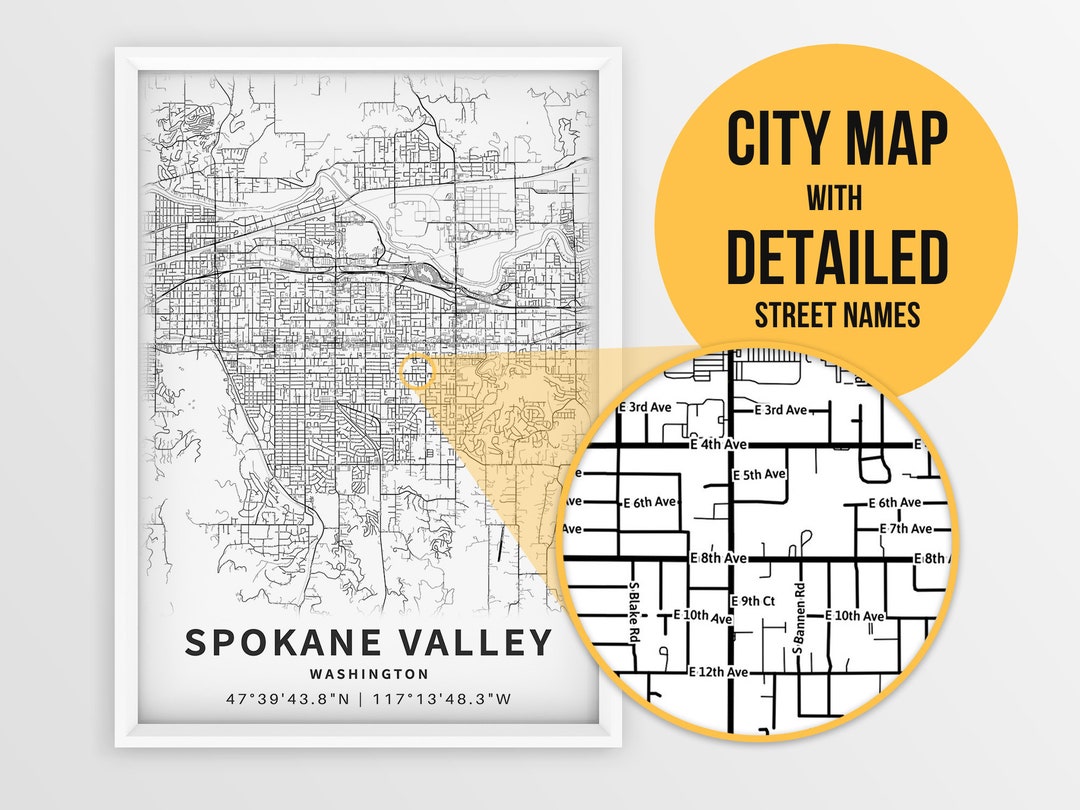 Printable Map of Spokane Valley Washington United States Etsy