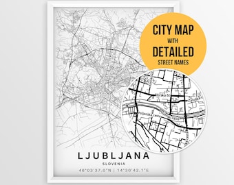 Ljubljana Slovenia Map with Street Names, Printable Ljubljana City Poster (Instant Download)