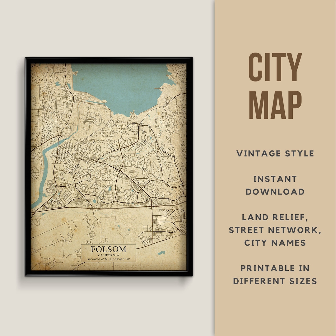 Printable Vintage Style Map of Folsom, California, USA - Instant ...