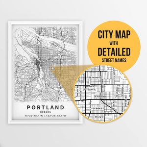Mapa para impressão de Portland, Oregon, EUA com nomes de ruas - download instantâneo \ Mapa da cidade \ Presente de viagem \ Cartaz da cidade \ Impressão de mapa de estradas \ Arte de parede