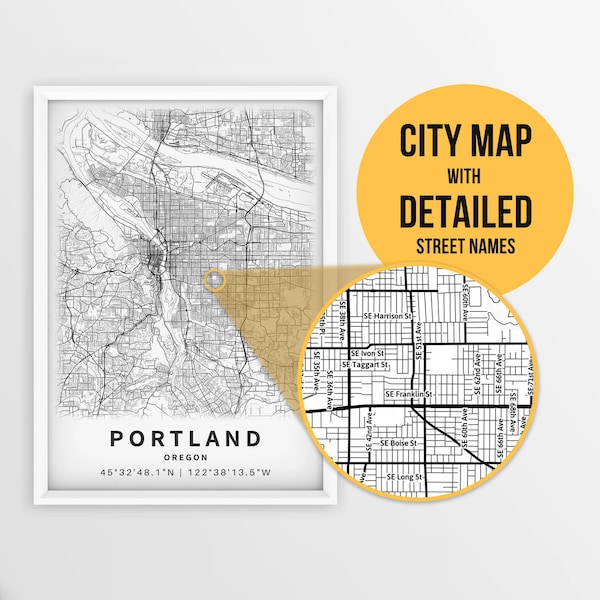 Printable Map Portland, Oregon, USA with Street Names - Instant Download \ City Map \ Travel Gift \ City Poster \ Road Map Print \ Wall Art